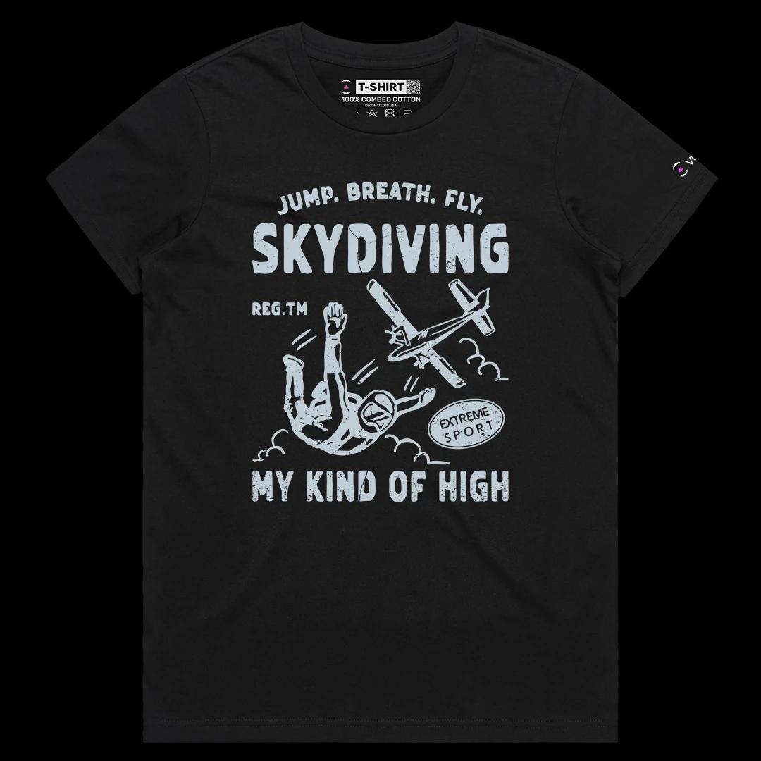 VOICEART Black Female Regular Skydiving Extreme Sports Graphic Tee for Outdoor Adventures Short Sleeve T-Shirt Men and Women