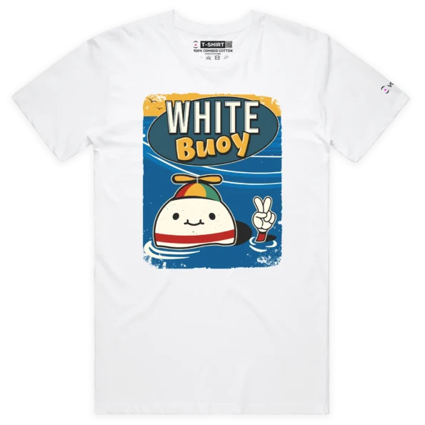 Male White Floating Buoy, ‘Give Peace A Chance’ 2 T-Shirt design VOICEART