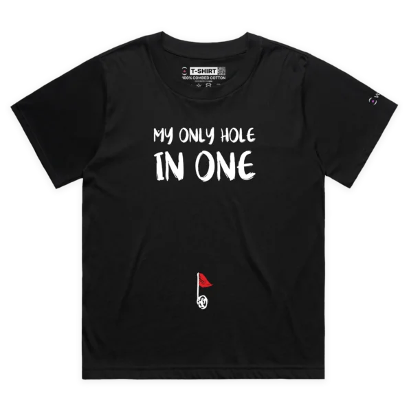 Black Female Loose Golf ball in belly button, ‘My Only Hole In One’ T-shirt design VOICEART