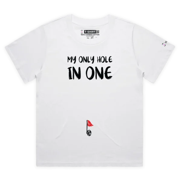 White Female Loose Golf ball in belly button, ‘My Only Hole In One’ T-shirt design VOICEART