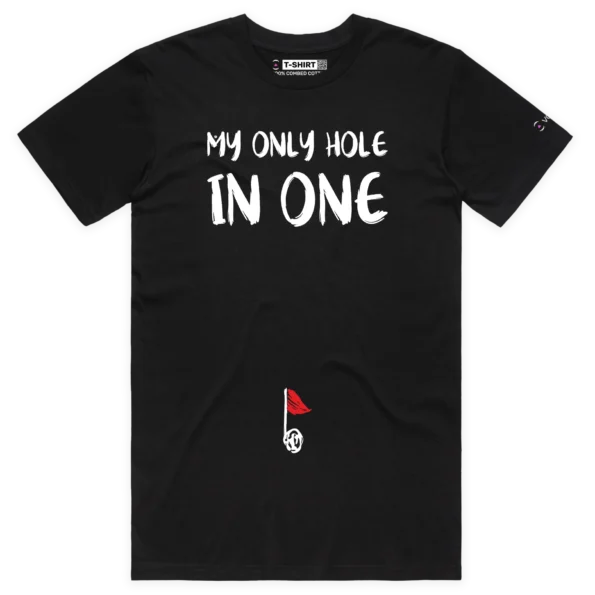 Black Male Golf ball in belly button, ‘My Only Hole In One’ T-shirt design VOICEART