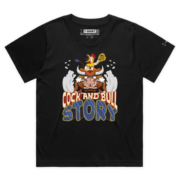 Black Female Loose Rooster Riding on a Bull; a Cock and Bull T-shirt design VOICEART