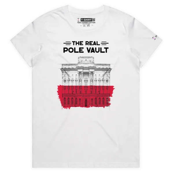 White Female A Pole Vault and the Bank of Poland T-shirt design VOICEART