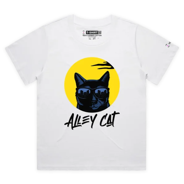 White Female Loose Inspired Cool Cat With City Skyline T-Shirt design VOICEART