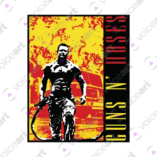 White watermark Guns And Hoses Fireman Holding A Hose design VOICEART