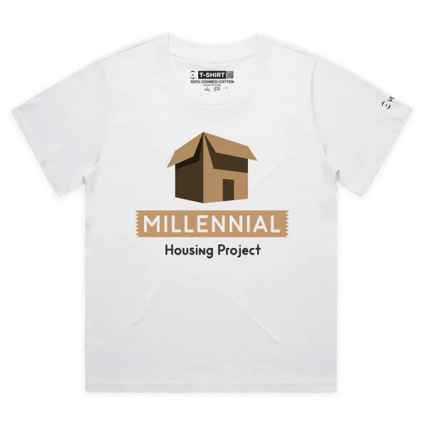 White Female Loose Millennial Housing Project, Cardboard Box T-Shirt design VOICEART