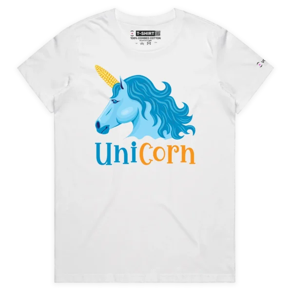 White Female Unicorn with a Corn Cob Horn T-shirt design VOICEART