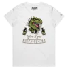 White Female Dinosaur Warning T-Shirt: You’ll Get Jurasskicked design VOICEART