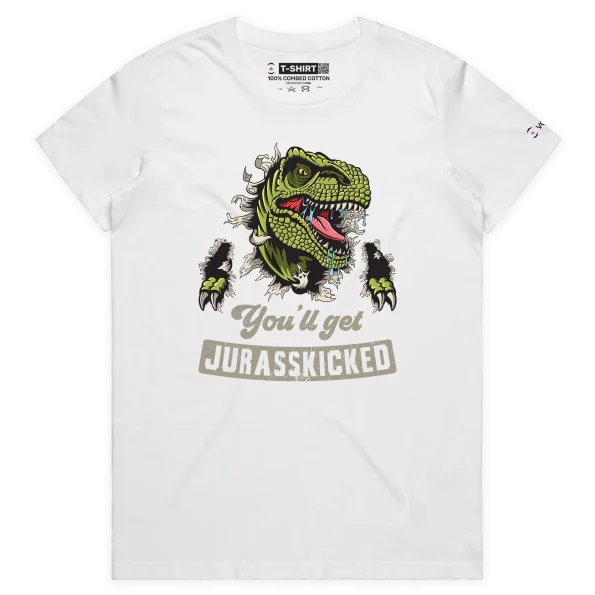 White Female Dinosaur Warning T-Shirt: You’ll Get Jurasskicked design VOICEART