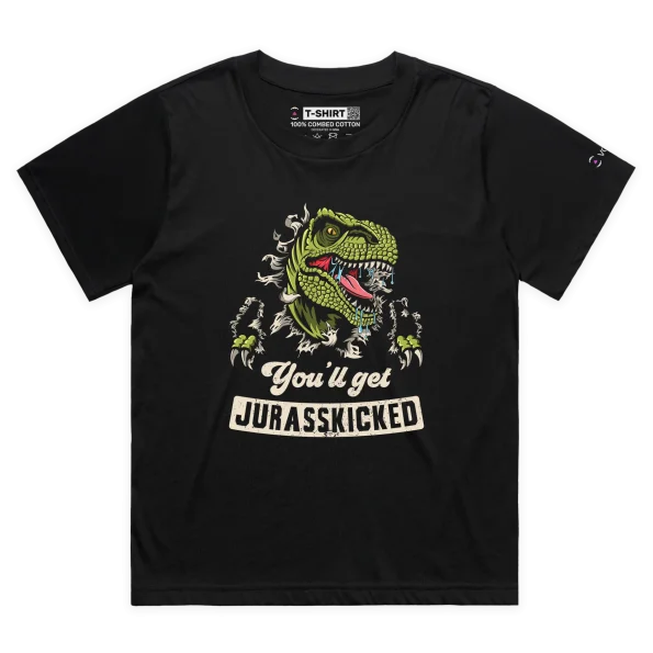 Black Female Loose Dinosaur Warning T-Shirt: You’ll Get Jurasskicked design VOICEART