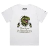 White Female Loose Dinosaur Warning T-Shirt: You’ll Get Jurasskicked design VOICEART