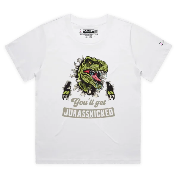 White Female Loose Dinosaur Warning T-Shirt: You’ll Get Jurasskicked design VOICEART