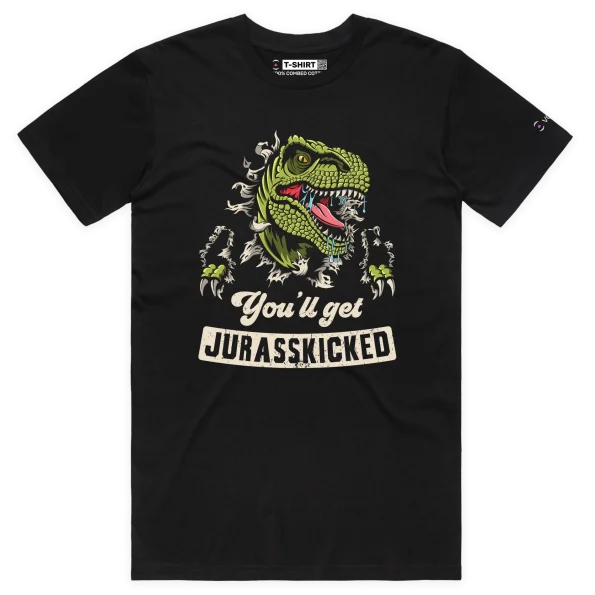 Black Male Dinosaur Warning T-Shirt: You’ll Get Jurasskicked design VOICEART