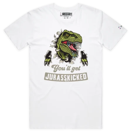 White Male Dinosaur Warning T-Shirt: You’ll Get Jurasskicked design VOICEART