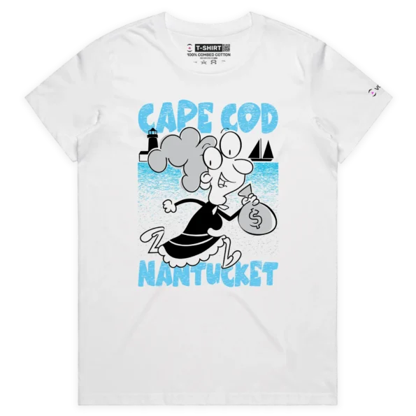 White Female Nan with money bag T-shirt and ‘Cape Cod, Nantucket’ design VOICEART