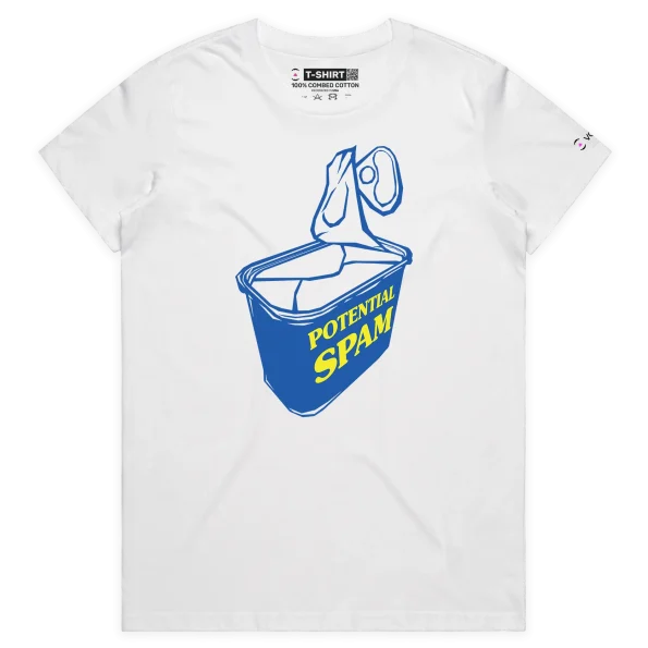 White Female Food Spam tshirt With Potential Spam Label design VOICEART