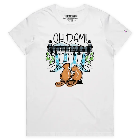 White Female Oh Dam T-shirt, With Two Beavers design VOICEART