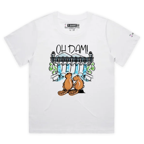 White Female Loose Oh Dam T-shirt, With Two Beavers design VOICEART