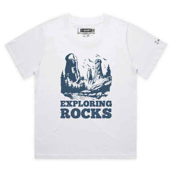 White Female Loose Exploring Rainbow Rocks T-shirt design VOICEART