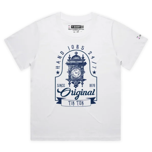 White Female Loose Old-style Clock T-shirt With words The Original TikTok design VOICEART