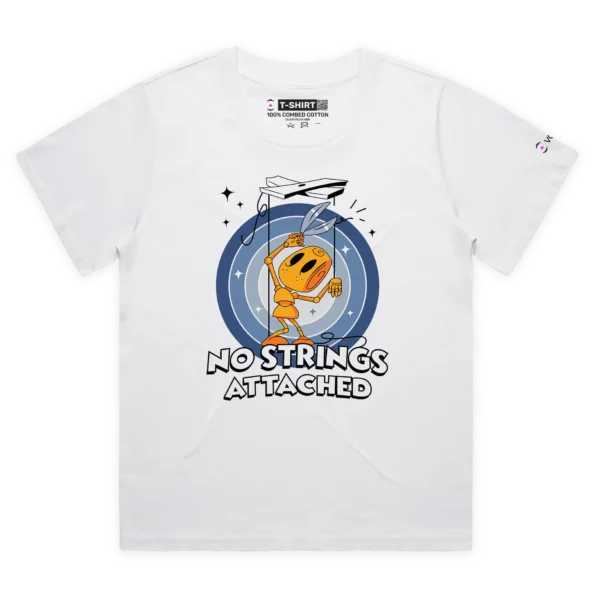 White Female Loose Puppet on Strings T-shirt ‘No Strings Attached’ design VOICEART