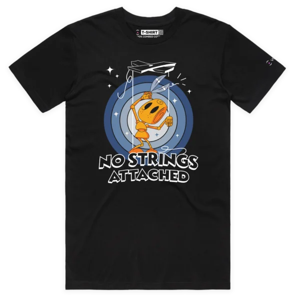 Black Male Puppet on Strings T-shirt ‘No Strings Attached’ design VOICEART