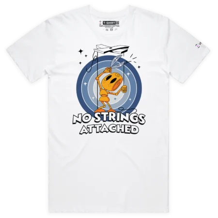 White Male Puppet on Strings T-shirt ‘No Strings Attached’ design VOICEART