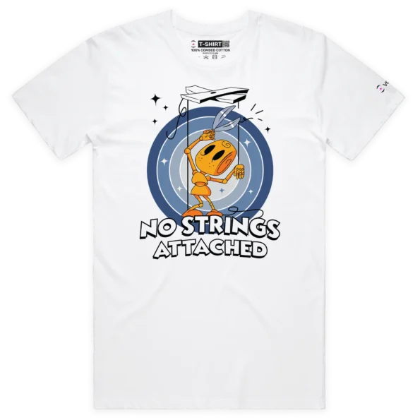 White Male Puppet on Strings T-shirt ‘No Strings Attached’ design VOICEART