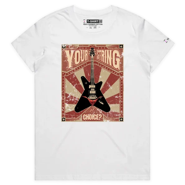 White Female Guitar with musical strings and thong – Your String of Choice tshirt design VOICEART