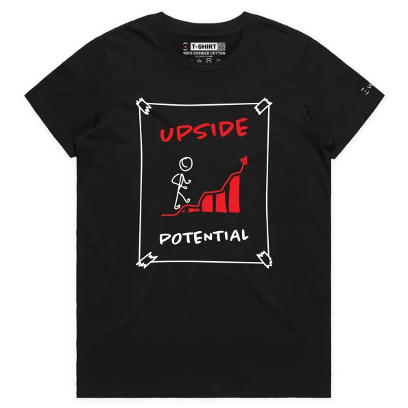 Black Female Figure Climbing Steps with ‘Upside Potential’ T-shirt design VOICEART