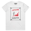 White Female Figure Climbing Steps with ‘Upside Potential’ T-shirt design VOICEART