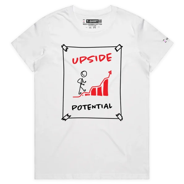 White Female Figure Climbing Steps with ‘Upside Potential’ T-shirt design VOICEART