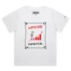 White Female Loose Figure Climbing Steps with ‘Upside Potential’ T-shirt design VOICEART