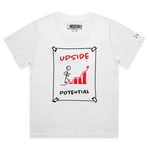 White Female Loose Figure Climbing Steps with ‘Upside Potential’ T-shirt design VOICEART