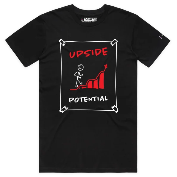 Black Male Figure Climbing Steps with ‘Upside Potential’ T-shirt design VOICEART