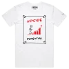 White Male Figure Climbing Steps with ‘Upside Potential’ T-shirt design VOICEART