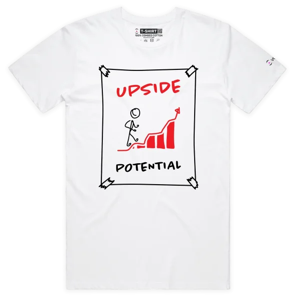 White Male Figure Climbing Steps with ‘Upside Potential’ T-shirt design VOICEART