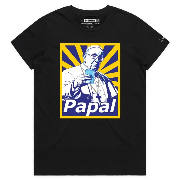 Black Female T-shirt with the Pope Making a Payment by Papal design VOICEART