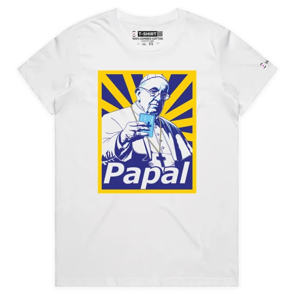 White Female T-shirt with the Pope Making a Payment by Papal design VOICEART