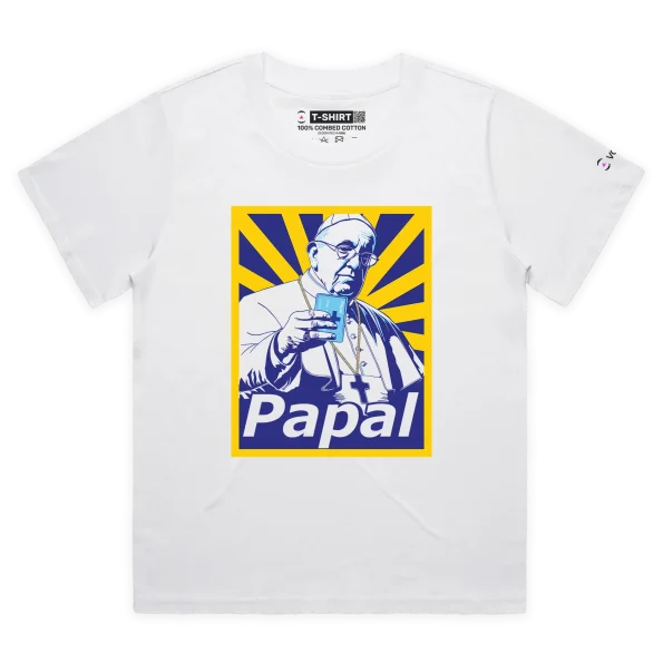 White Female Loose T-shirt with the Pope Making a Payment by Papal design VOICEART