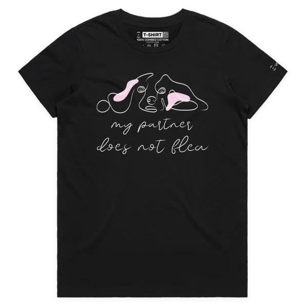 Black Female T-shirt with dog saying ‘My partner Does Not Flea’ design VOICEART