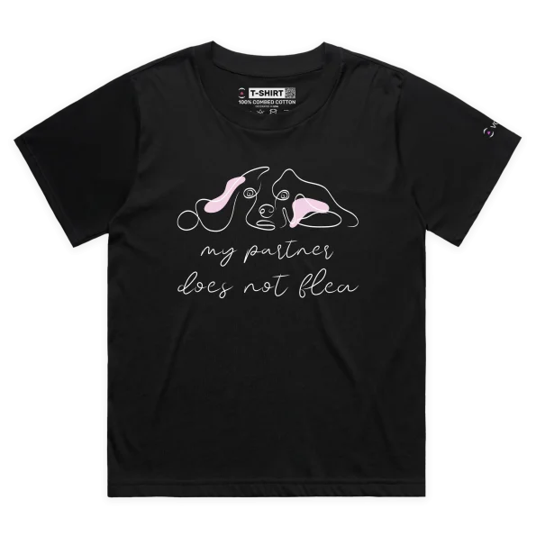 Black Female Loose T-shirt with dog saying ‘My partner Does Not Flea’ design VOICEART