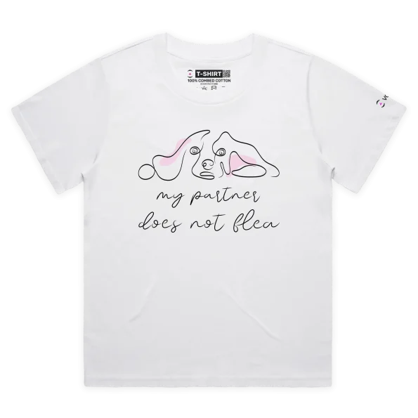 White Female Loose T-shirt with dog saying ‘My partner Does Not Flea’ design VOICEART