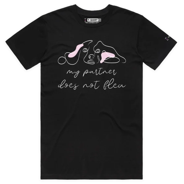 Black Male T-shirt with dog saying ‘My partner Does Not Flea’ design VOICEART