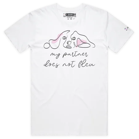 White Male T-shirt with dog saying ‘My partner Does Not Flea’ design VOICEART