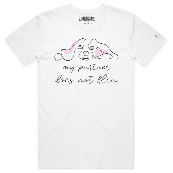 White Male T-shirt with dog saying ‘My partner Does Not Flea’ design VOICEART