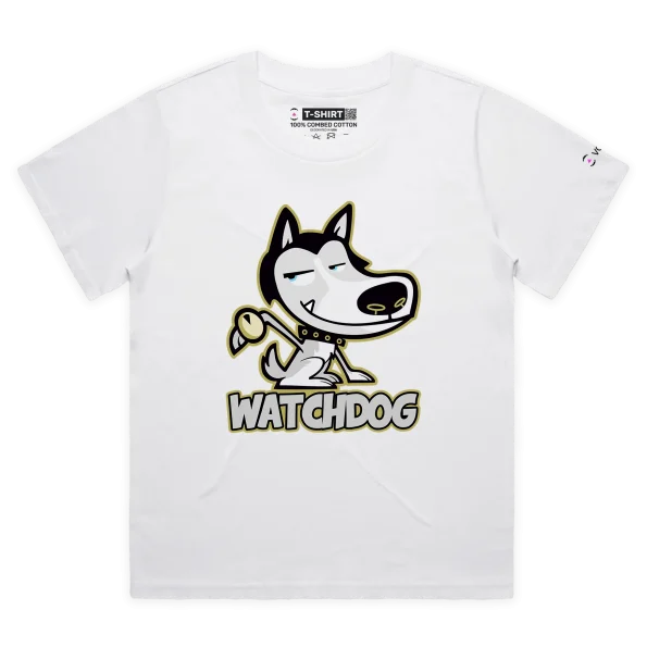 White Female Loose Watchdog Husky Wearing a Watch tshirt design VOICEART