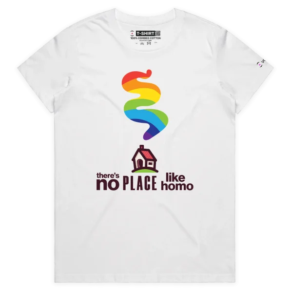 White Female ‘There’s No Place Like Homo’ T-shirt design VOICEART